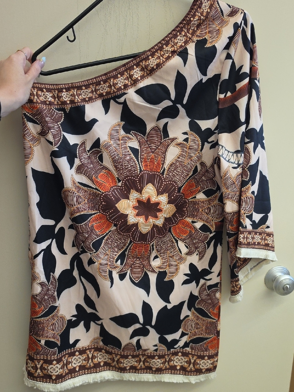 One-Shoulder Floral Print Dress in Black, Brown & Cream